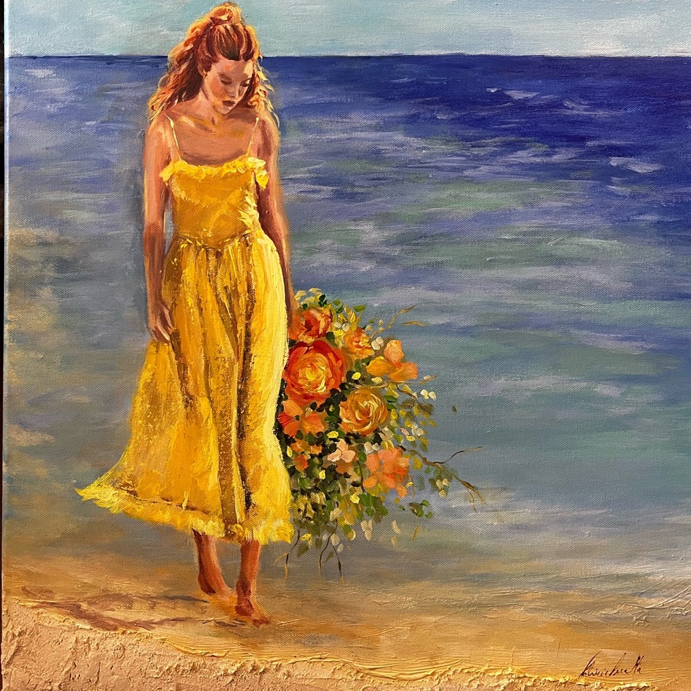 Original artwork acrylic painting on canvas. Woman in yellow dress.